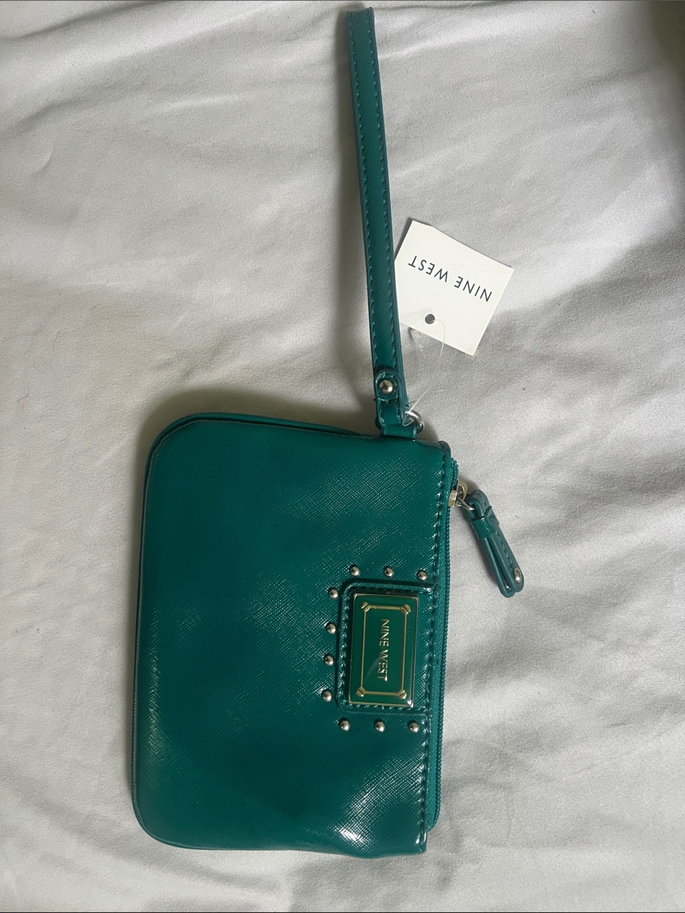 Nine West Teal Zip Wristlet Clutch with Stud Accents
